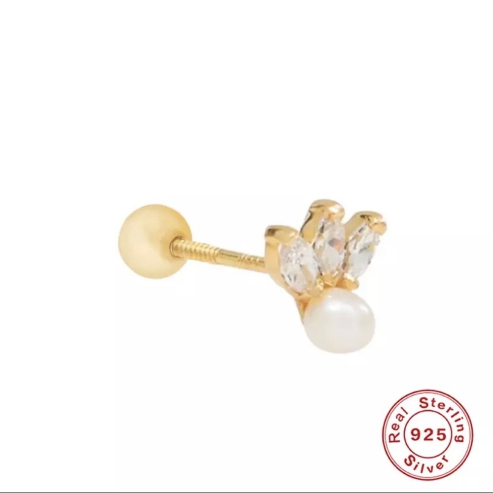 Birdie Pearl Marquise Clear Crystal CZ 18k Gold Plated S925 Pierced Earring 1pc